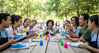 Volunteers hand-painting canvas shoes at an outdoor table